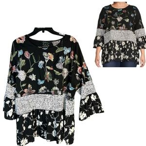 NEW Calessa Size 1X Black Floral Print Embroidered Jewel Neck 3/4 Sleeve Tiered